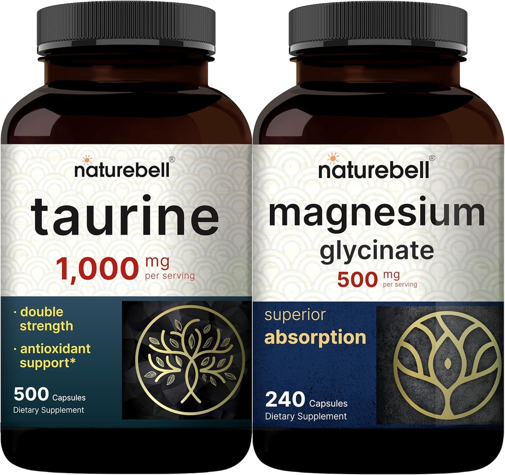 NatureBell Magnesium Glycinat Capsules 500mg & Taurine Capsules 1.000mg Per Serving Bundle Pack Note 124; Chelated & Renset Mineral Note 124; Essential Aminoacids Supplement
