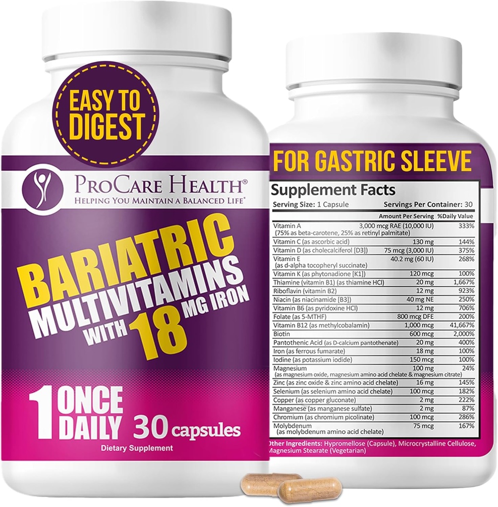 ProCare Health Bariatric Multivitamin med jern 18 mg (30 Let at synke kapsler) - Post Op Bariatrical Vitaminer for Gastric bypass piller - must haves for Sleeve Patienter (1 måned Tilgang)