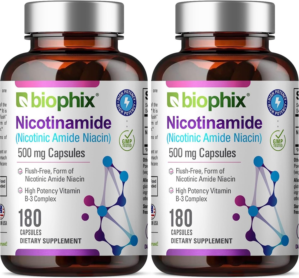 biophix B-3 Nicotinamid 500 mg 180 Caps 2 Pack - Nicotinsyre Niacin Natural Flush- Free Vitamin Formel - Understøtter hud celle sundhed