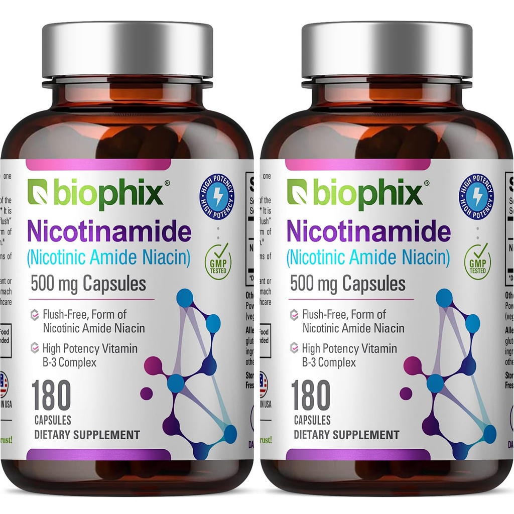 biophix B-3 Nicotinamid 500 mg 180 Caps 2 Pack - Nicotinsyre Niacin Natural Flush- Free Vitamin Formel - Understøtter hud celle sundhed