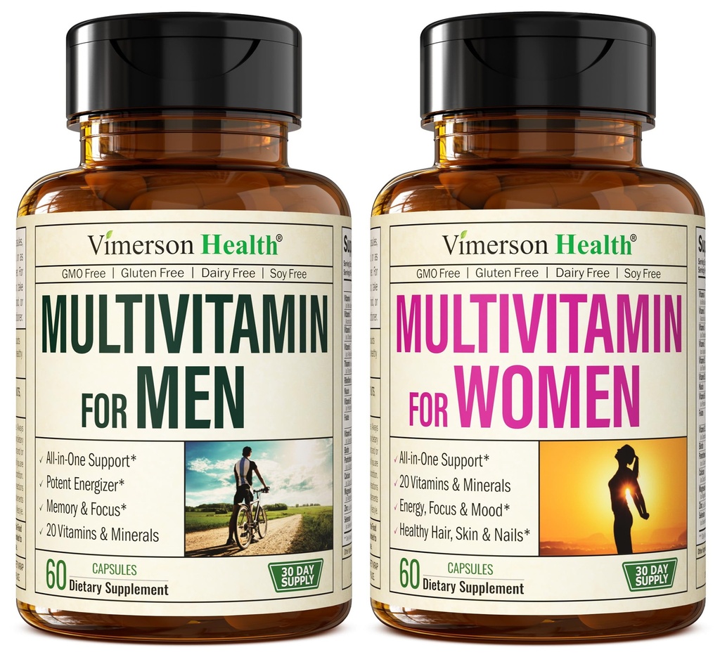 Multivitamin multimineral supplement til mænd + kvinder 2 -flaske bundle. Sund immunrespons, stærke joints og knogler, øje sundhed, fordøjelsessystem support, antioxidant egenskaber