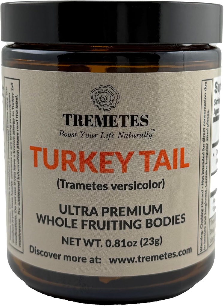 Tyrkiet Tail Mushroom (Trametes versicolor) Fruiting Body - Lab Verified 41,2% Beta- Glucans - Adaptogene hele stykker til te - understøtter immunforsvar, Gut & fordøjelsessygdomme - Amber glas krukke