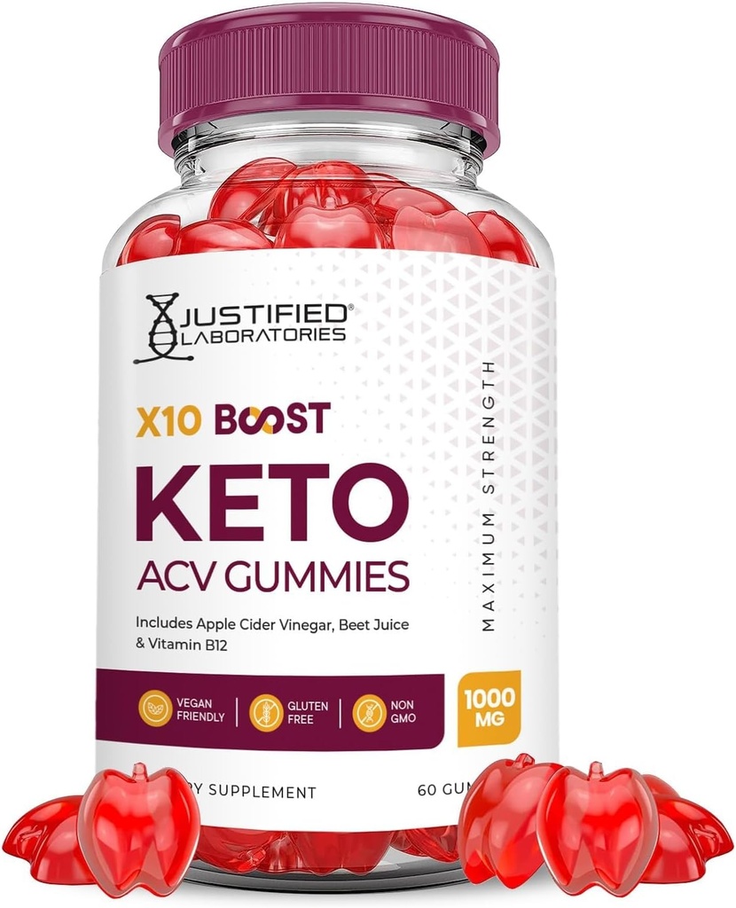 Justified Laboratories X10 Boost Keto ACV Apple Cider Vinegar Boost Formuleret med Pomegranate Beet Juice Powder B12 Vegan Non GMO 60 Gummies