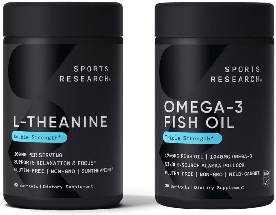 Sports Research Double Strength L- Theanine Suntheanine for Focus, Afslapning & Alerness Non- Drowsy Support + Kokosolie 60 Count & Triple Strength Omega 3 Fish Oil 1250mg Burpless Omega3 EPA & DHA
