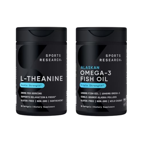 Sports Research Double Strength L- Theanine Suntheanine for Focus, Afslapning & Alerness Non- Drowsy Support + Kokosolie 60 Count & Triple Strength Omega 3 Fish Oil 1250mg Burpless Omega3 EPA & DHA