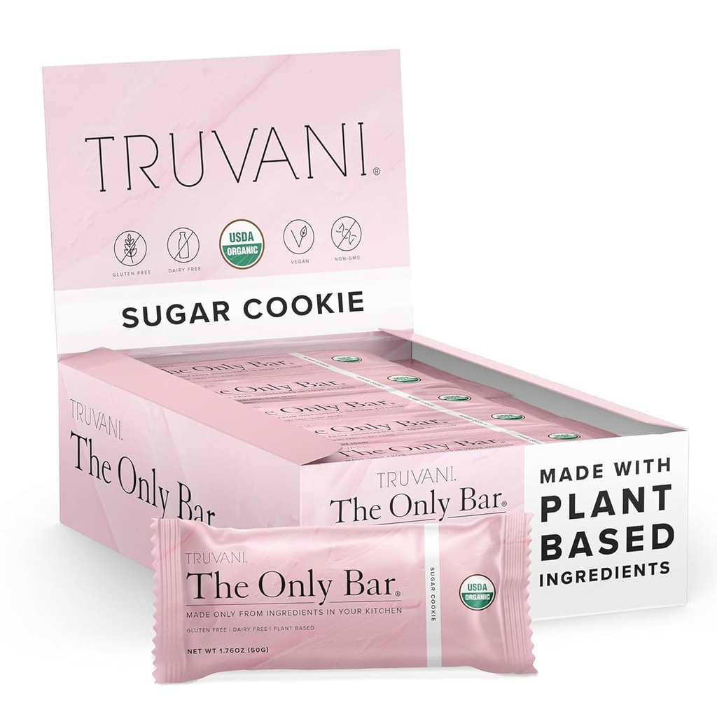 Truvani Plant Based Snack Bars 124; Sugar Cookie 12 Pack- 124; 6g Protein - 124; USDA Organic and Vegan - 124; The Only Bar - 124; Dairy, Soy og Gluten Free - 124; Individuelt indpakket