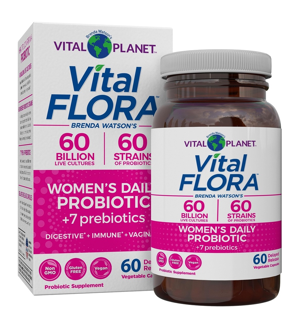 Vital Planet - Vital Flora kvinders daglige probiotiske 60 Millioner CFU, 60 Diverse Strops, 7 Organic Prebiotics, Vaginal og immunforsvar, Bloating, fordøjelsesmæssige sundhed Probiotika til kvinder 60 Kapsler