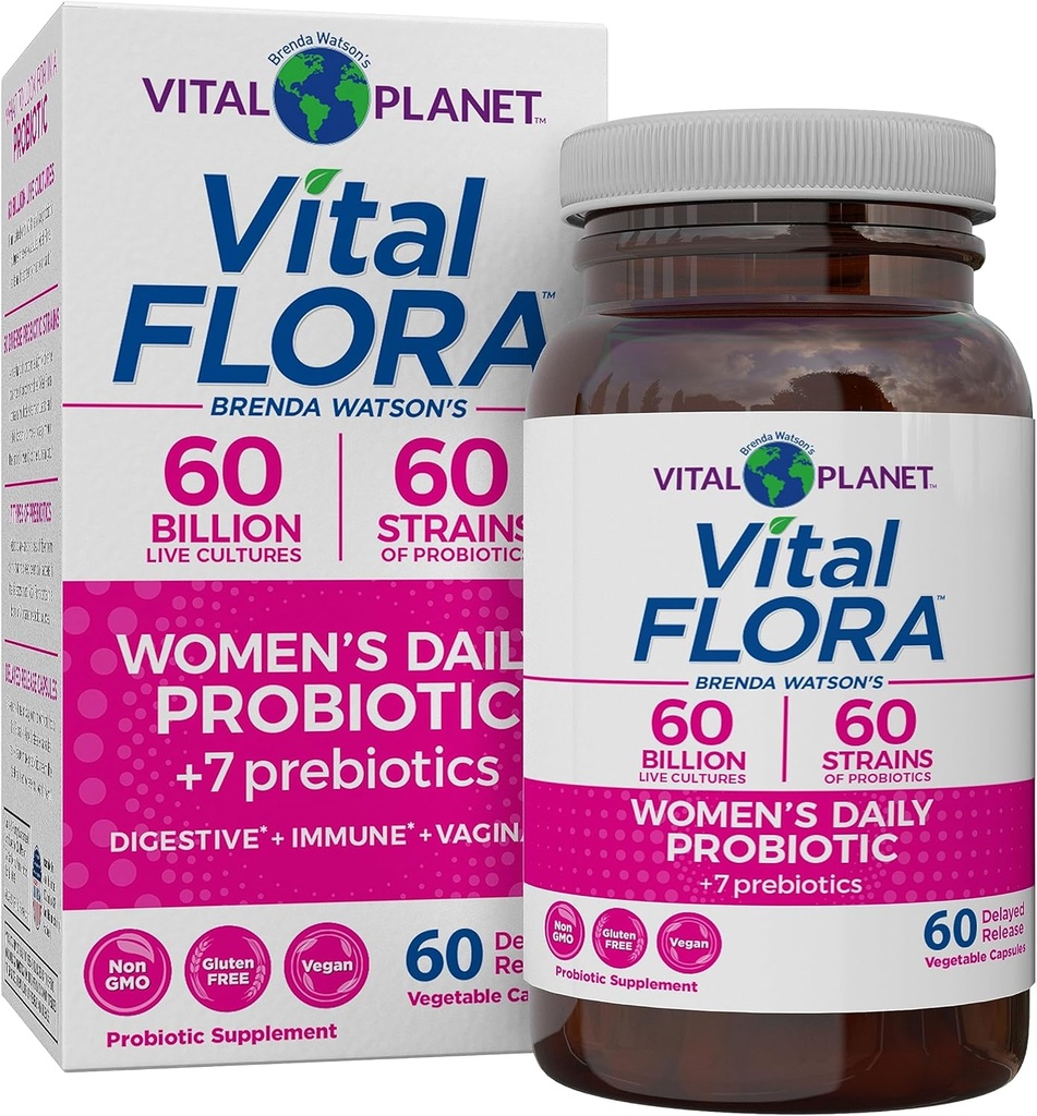 Vital Planet - Vital Flora kvinders daglige probiotiske 60 Millioner CFU, 60 Diverse Strops, 7 Organic Prebiotics, Vaginal og immunforsvar, Bloating, fordøjelsesmæssige sundhed Probiotika til kvinder 60 Kapsler