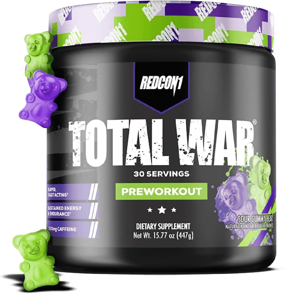 REDCON1 Total War Pre Workout, Sour Gummy Bear - Hurtig fungerende Coffed Preworkout for Mænd + Kvinder med Beta Alanine - Indeholder Citrullin Malat til øget pumpe, blodgennemstrømning (30 Servere)