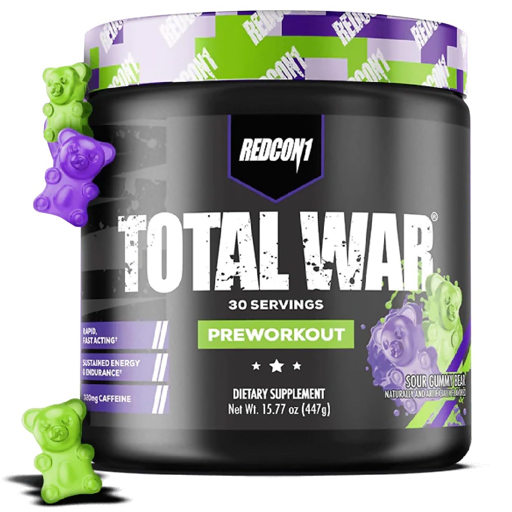 REDCON1 Total War Pre Workout, Sour Gummy Bear - Hurtig fungerende Coffed Preworkout for Mænd + Kvinder med Beta Alanine - Indeholder Citrullin Malat til øget pumpe, blodgennemstrømning (30 Servere)