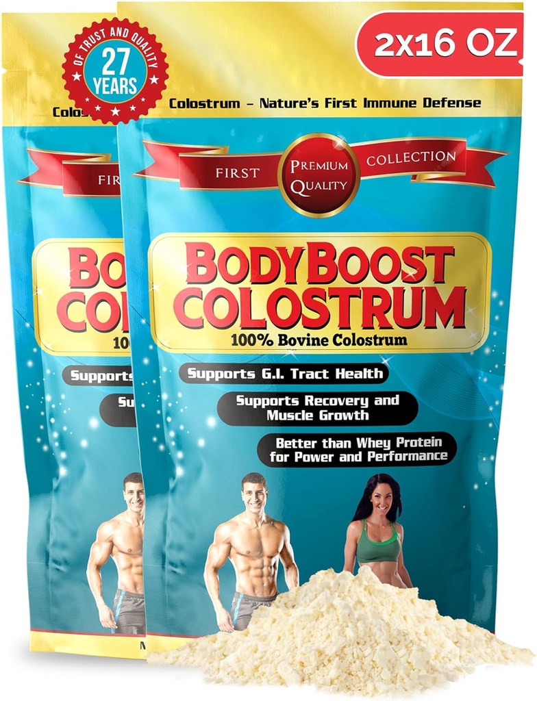 BodyBoost Colostrum Hel, 100% Bovine Colostrum Powder, Immunbooster tillæg med immunoglobulin & Lactoferrin, Grass Fed Colostrum, Gut Health, Diverse Intake, 2x16 oz