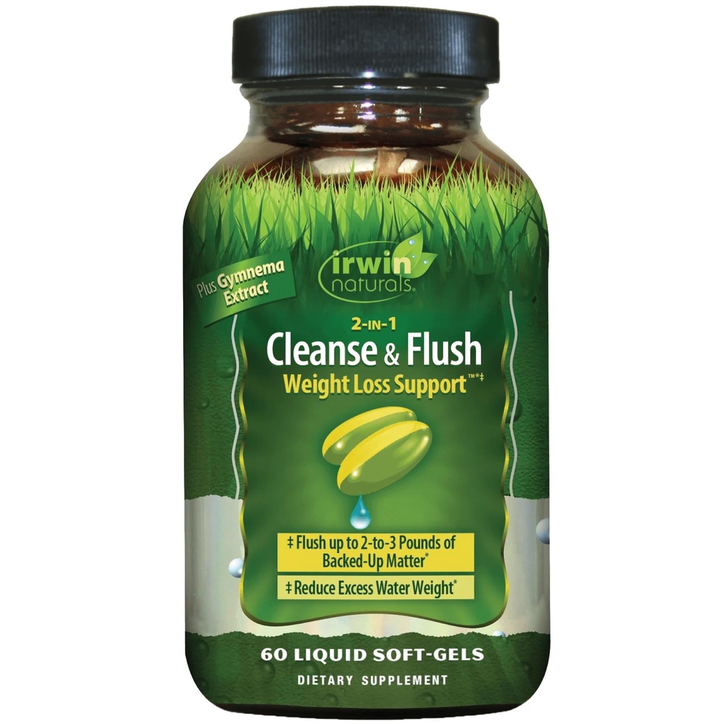 Irwin Naturals 2- in-1 Rense & Flush Vægttab Support - 60 Flydende Soft- Gels - Flushes fordøjelsesspor & Reduces Bloating - 30 Total Servering