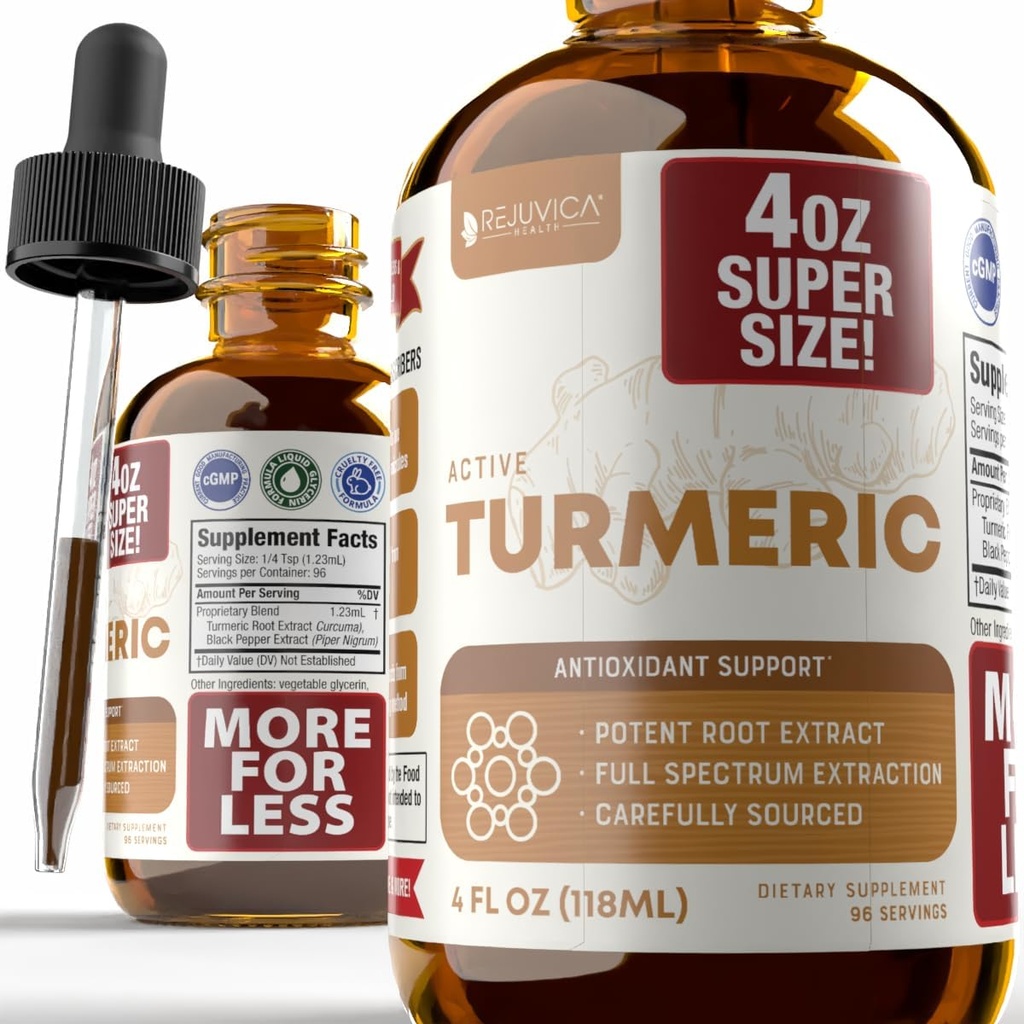 Rejuvica Sundhed Aktiv Gurkemeje 4oz XL Super Størrelse - Avanceret flydende supplement Tincture - Curcuma Longa Extract Drops - Gurkemeje Rødder Kun - naturligt Occurering Curcumin