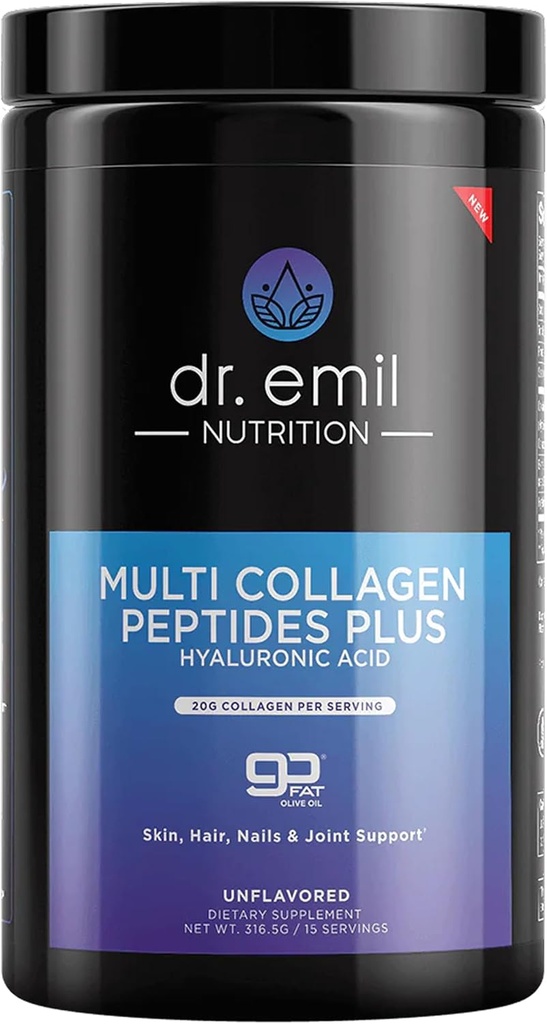 DR. Formand EMIL- NETRION Multi collagen peptider pulver - 20g af Unflavored hydrolyseret collagen protein pulver med hyaluronsyre til hår, hud, negle og joints - 15 Servere