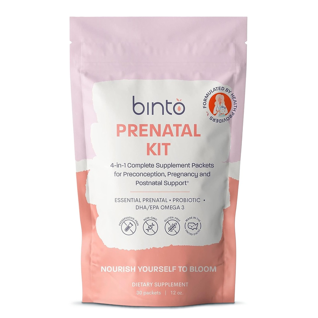 Binto Prenatal Kit - 4-in-1 Kosttilskud til sund mor og barn - 30 dages forsyning - Multivitamin, Probiotika, Jern, DHA, Metyleret Folat & Folinsyre - Non- GMO, Gluten- fri, Vegetar