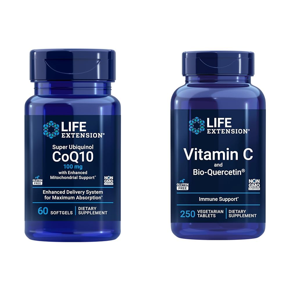 Life Extension Super Ubiquinol CoQ10 60 Softgels og C-vitamin & Bio- Quercetin Phytosome 250 tabletter Bundle til hjerte, cellulær energi, immunforsvar & Samlet sundhedsstøtte