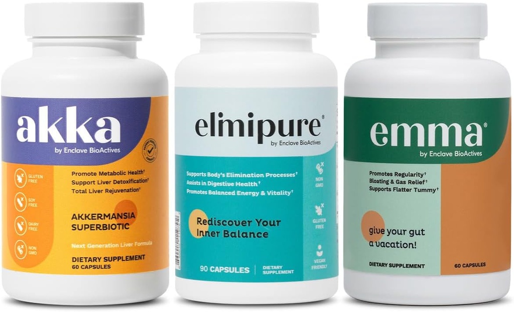 Emma Gut Health & Elimipure Gut Cleanse & Akka Lever Cleanse - 3- in-1 Detox Bundle for fordøjelsesbalance, regelmæssighed & Metabolisme Support Medic124; Understøtter Affald Elimination & Microbiome Sundhed