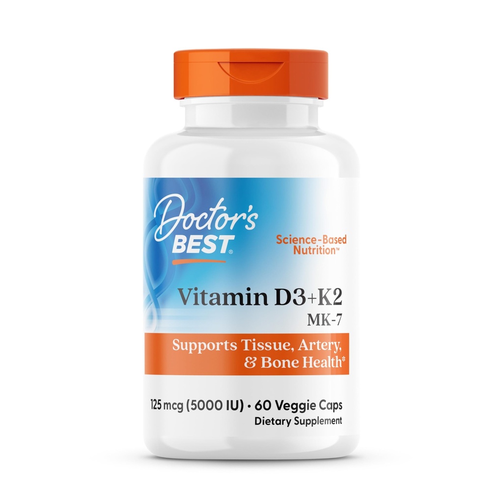Doctor 's Best Vitamin D3 + K2 (Vitamin K2 som MK- 7), Supports Bone, Tissue, & Arterial Health, Calcium Absorption • Non- GMO • Gluten Free • Vegetar, 5000 IE, 60 Veggie Caps