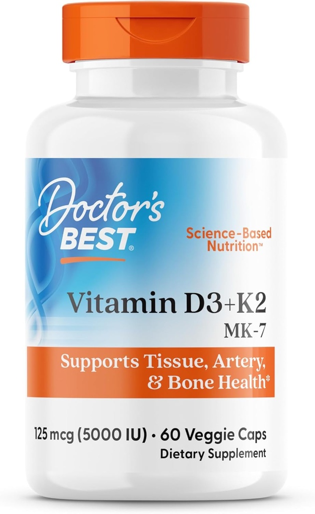 Doctor 's Best Vitamin D3 + K2 (Vitamin K2 som MK- 7), Supports Bone, Tissue, & Arterial Health, Calcium Absorption • Non- GMO • Gluten Free • Vegetar, 5000 IE, 60 Veggie Caps