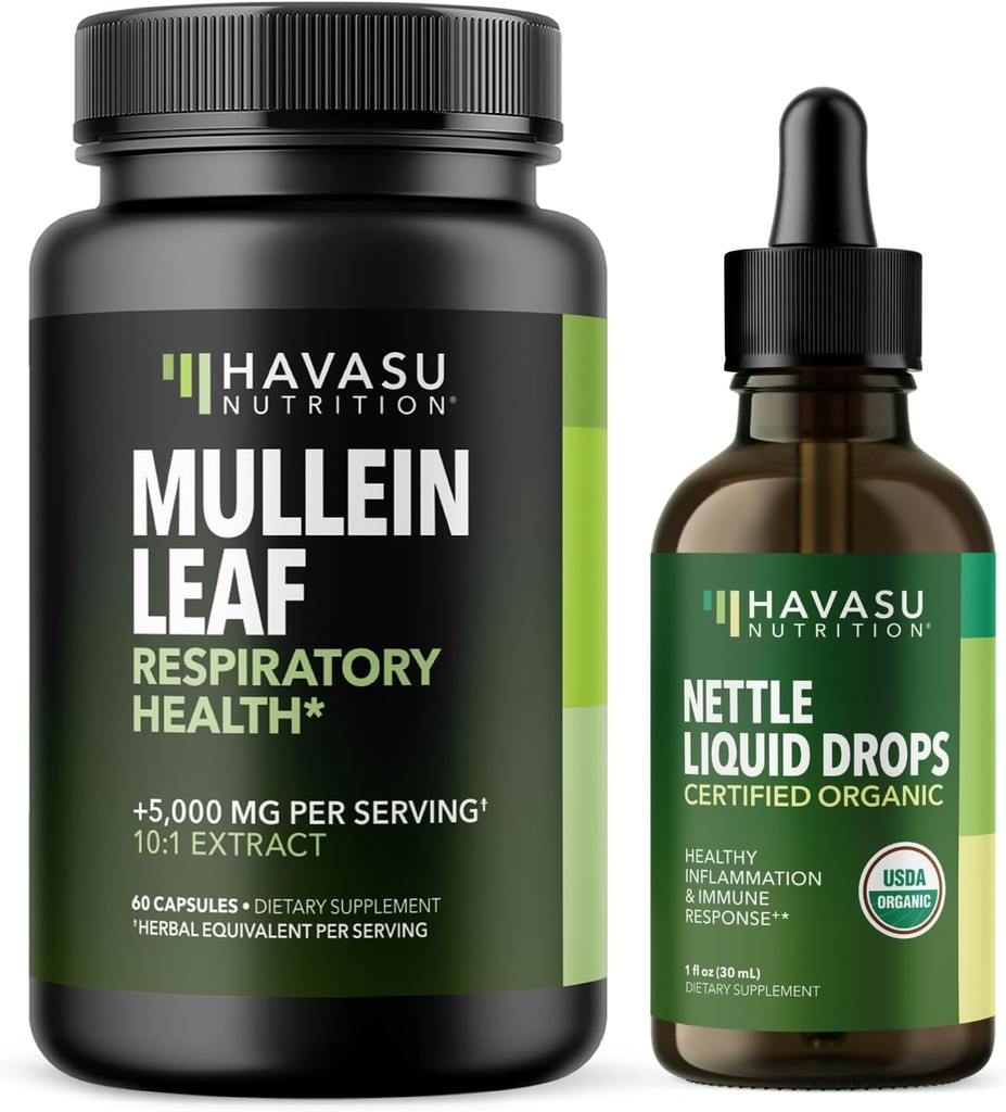 HAVASU NUTRITION Mullein Leaf kapsler + Nettle Liquid Drops Respiratory Health Bundle