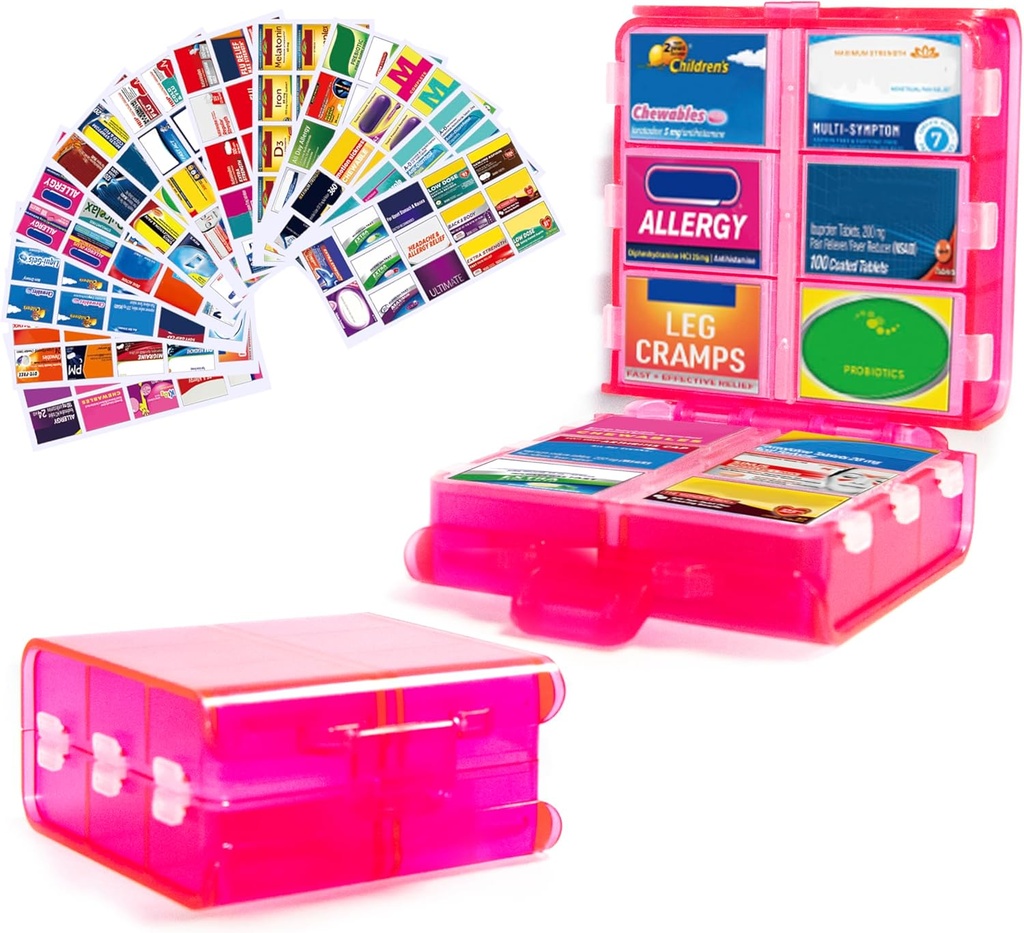 Stor Pill Organizer med Medicine Labels, Pill Dispenser 12- Segment Travel Medication Storage Case, 7-Day Pill Box for Vitamin & Kosttilskud (Pink, 161 Labels)