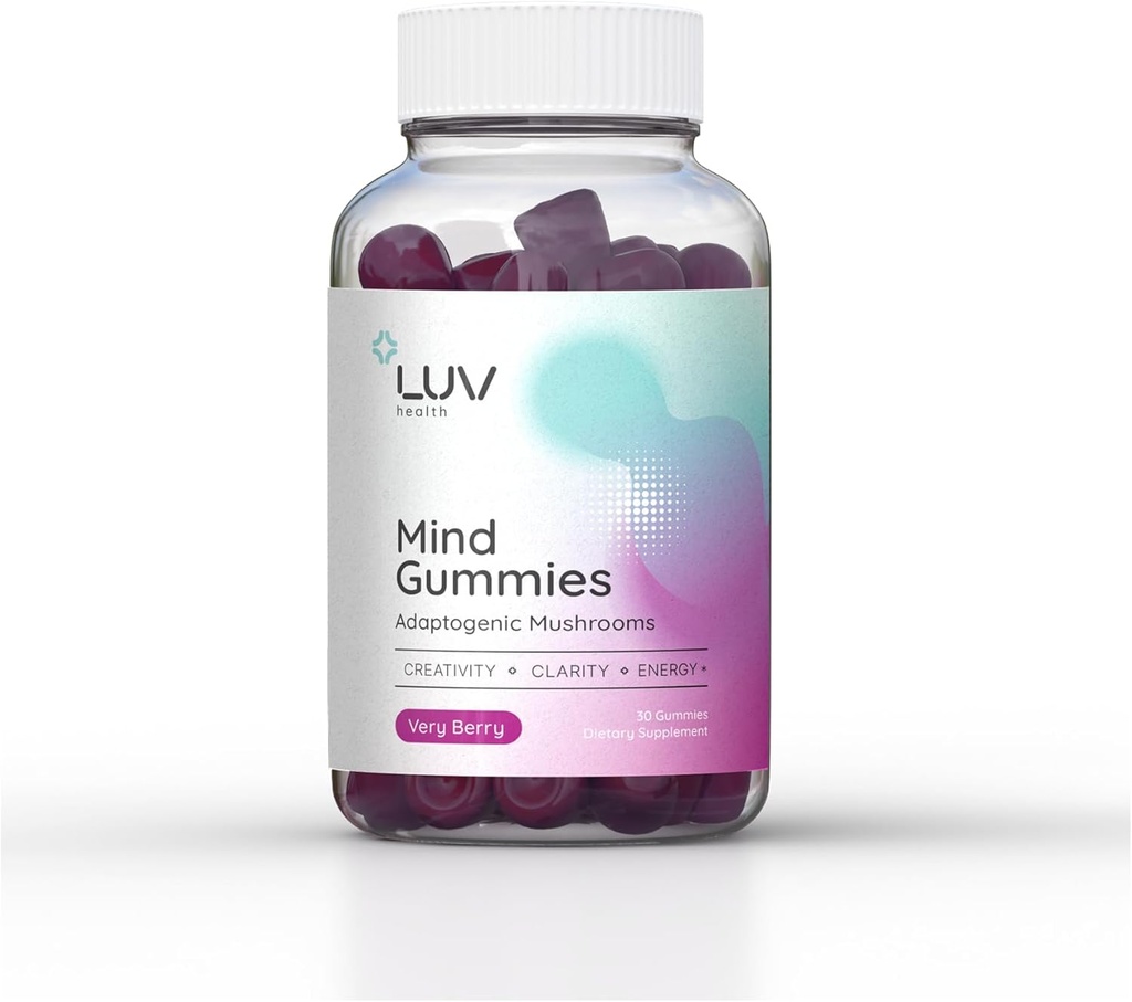 LUV sundhed Mind Gummies - Brain Supplement - Functional Mushroom Gummies for Focus, Energy & immunsupport - Adaptogen Blend med Lions Mane, Cordyceps & Reishi - Vegan, Keto, Made in USA - 30ct