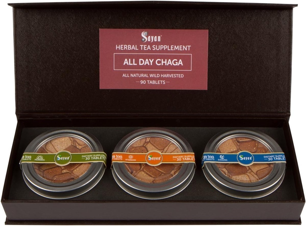 Sayan Siberian All Day Set Instant Chaga Mushroom Tea, Pack of 3 Daily Tablets (90 stk) - Wild-Hartered, Premium Blend - Natural Antioxidant Tea for immunforsvar, Energy boost & Forbedret fordøjelse