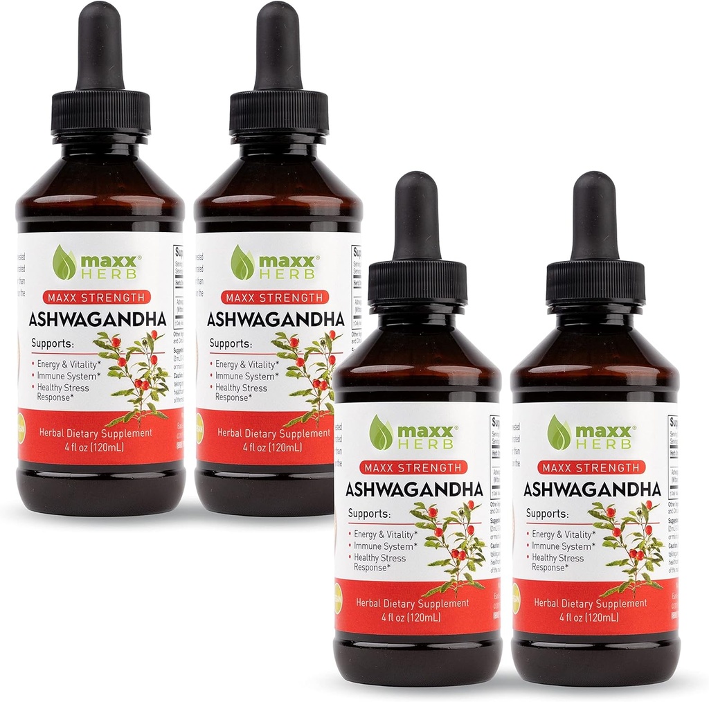 Maxx Herb Ashwagandha Extract - Max Strength Liquid Tincture Absorbs Better Than Capsules or Powder - for Stamina, Memory, og immunforsvar - 4 flasker, 4 Oz Hver (240 Servere)