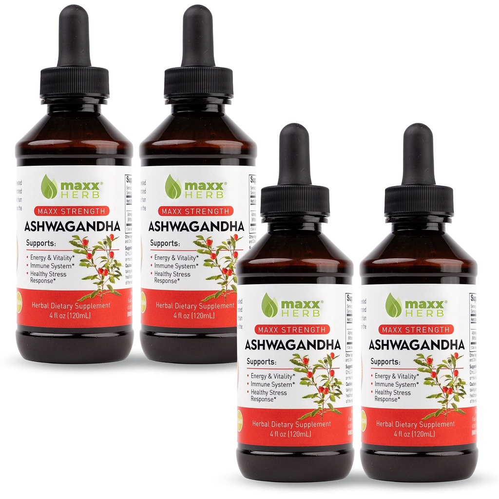 Maxx Herb Ashwagandha Extract - Max Strength Liquid Tincture Absorbs Better Than Capsules or Powder - for Stamina, Memory, og immunforsvar - 4 flasker, 4 Oz Hver (240 Servere)