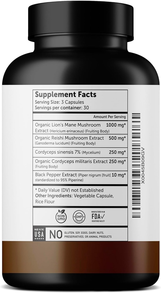 Ultra6 Nutrition Organic Lions Mane Capsules - Lions Mane Supplement med Reishi, og Cordyceps - immunforsvar & kognitiv supplement for voksne (90 Veggie Capsules)