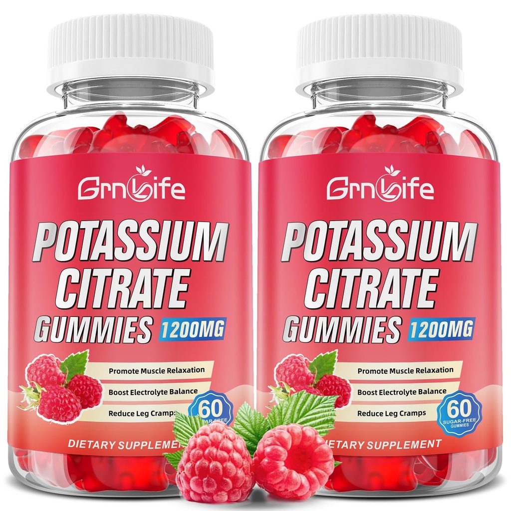 2 Pack Kalium Citrate Gummies, High Kalium Supplement Gummies 1200mg Support Leg Cramp & Muscle Health, Kalium Gummies for voksne & Børn, Vegan, Raspberry Flavor 120 Greve