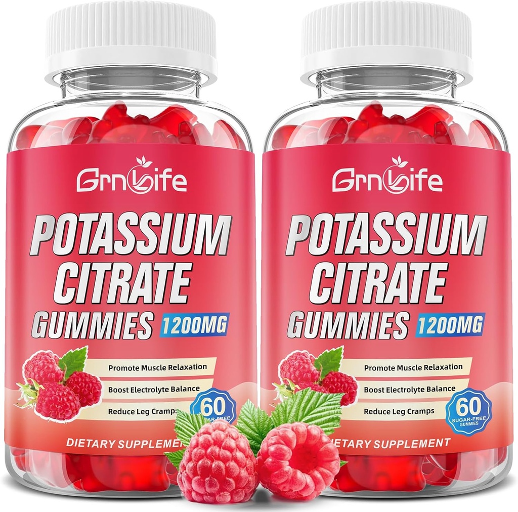2 Pack Kalium Citrate Gummies, High Kalium Supplement Gummies 1200mg Support Leg Cramp & Muscle Health, Kalium Gummies for voksne & Børn, Vegan, Raspberry Flavor 120 Greve