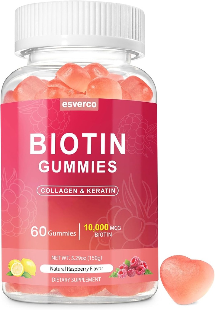 Biotin 10000mcg Keratin Collagen Gummies Supplements Hair Nails Vitamins Daily Hair Nail Growth & Strengthener Gummies for Women Vegan Biotin and Vitamin C Gummy 60 Count