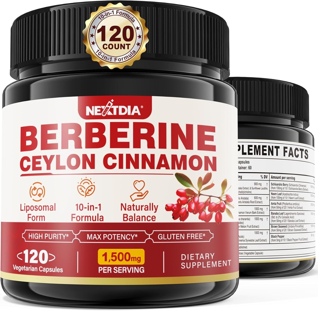 Berberine Supplement Organic 1500mg with Ceylon Cinnamon Bitter Melon, Liposomal Berberine HCL Complex Supplements, Immune & Digestive Support - Non-GMO, Organic, Vegan Berberine Capsules 120Cts