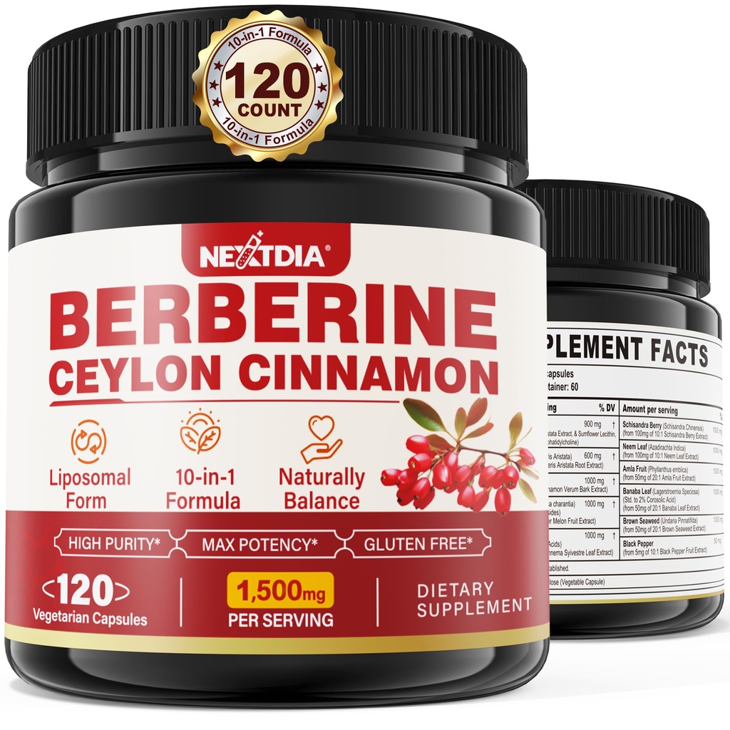 Berberine tillæg Organic 1500mg med Ceylon kanel Bitter Melon, Liposomal Berberine HCL Complex Kosttilskud, immunforsvar & fordøjelsesstøtte - non-GMO, Organic, Vegan Berberine Kapsler 120Cts