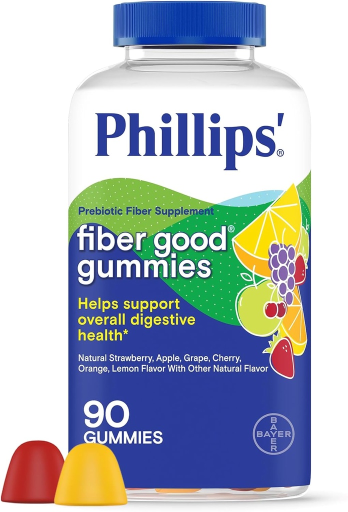 Phillips 'Fiber Good Gummies, Supplement med Inulin til voksne og børn, Frugt Smaget Daglige Gummies, 4g Prebiotic Fiber Per Serving, 90 Greve