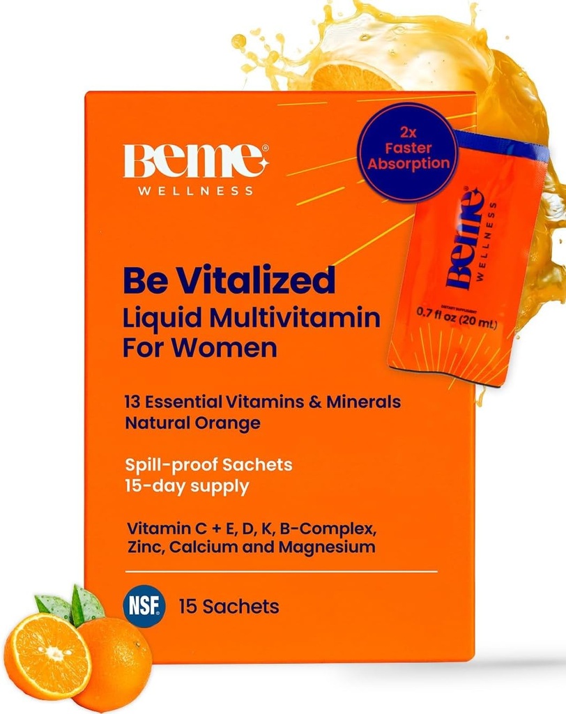 BeMe Flydende Multivitaminer til kvinder - Advanced Flydende Levering System med 13 Vitamin & 4 Mineraler - Tear & Go Sachets, Non- GMO, Orange Flavor (15 Sachets)