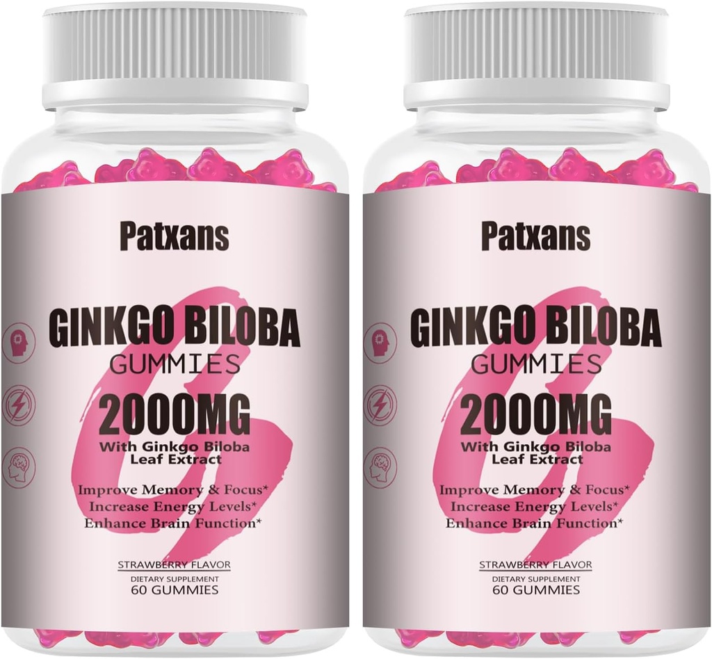 2 Pakker 2000mg Ginkgo Biloba Gummies - Ginkgo Biloba Kosttilskud til brain sundhed støtte, Forbedre mad og fokus, Energi, Voksen, Strawberry Flavor, 120 Greve