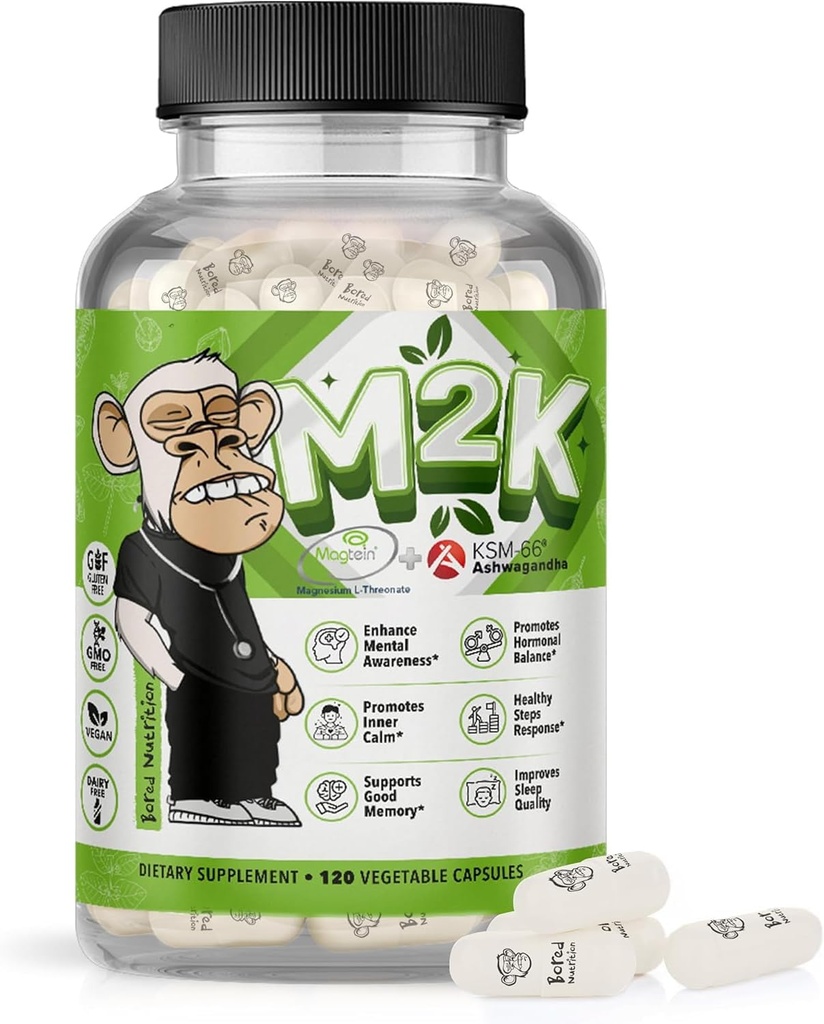 Kedet ernæring M2K: Magtein Magnesium L- threonat & Ashwagandha Supplement - 1500mg Magtein, 300mg KSM- 66, Plus 200mg Magnesium