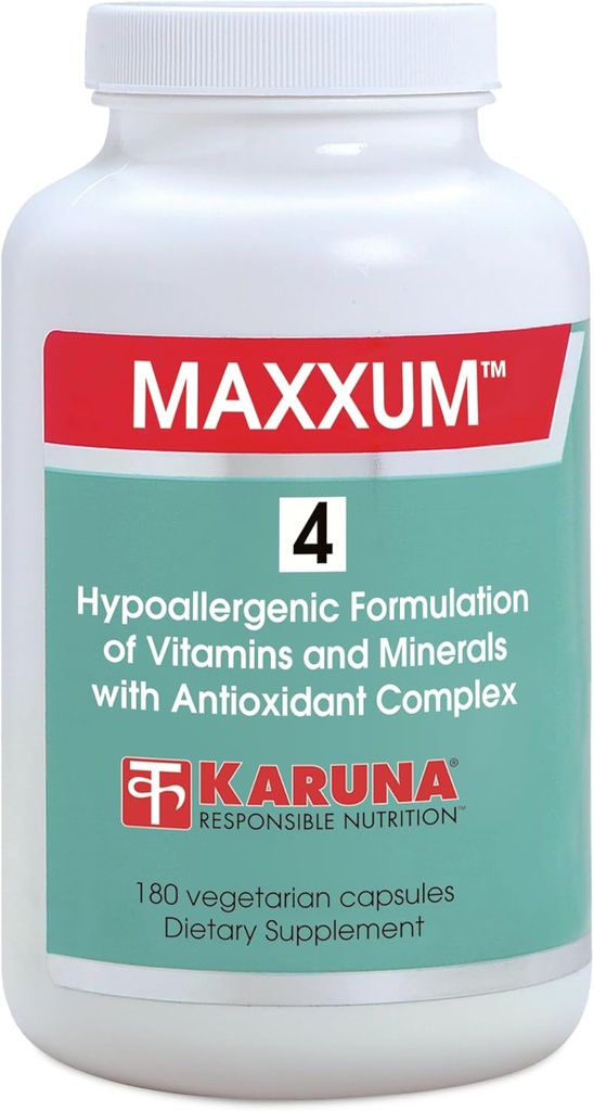 Karuna MAXXUM 4 180 Vegetariske Kapsler 124; multivitamin og mineraltilskud, Lutein, Zeaxanthin, Lycopene, Alpha- Caroten og Cryptoxanthin, Citrus Bioflavonoider, 1: 1 Calcium / Magnesium