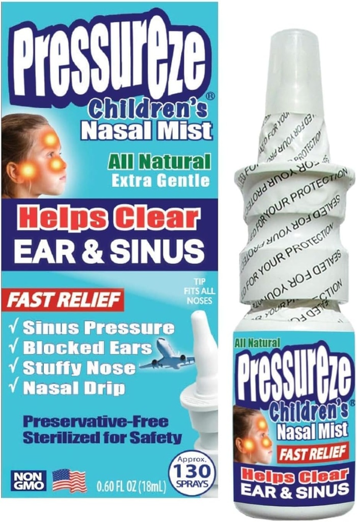 Pressureze All Natural Preservative- Free Steril Nasal Spray for børn - Fast Relief Nasal Spray - for Sinus Allergier & Congestion Measures 124; 130 Spray, 18 ml