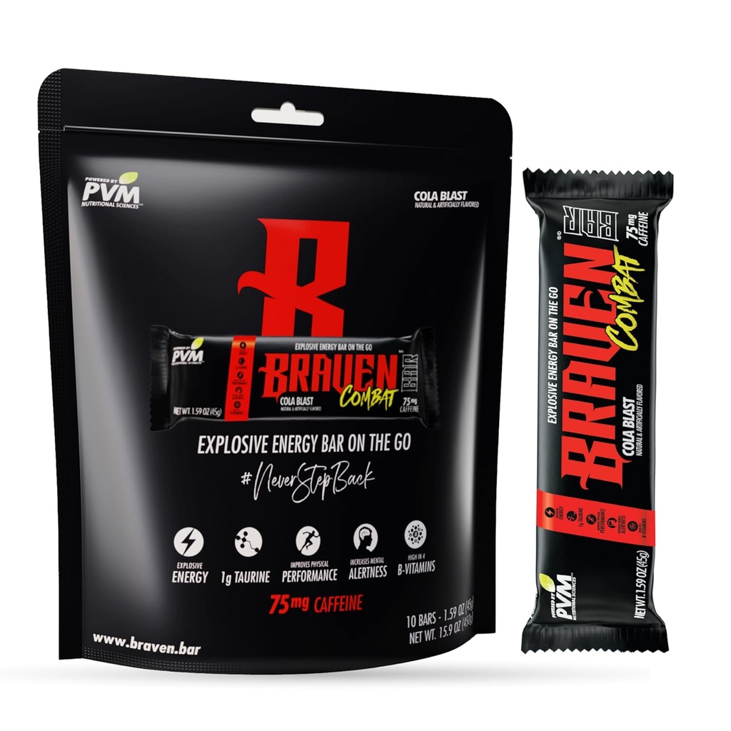 Braven Combat Cola Blast Energy Bars med koffein (1.59 oz, Pack of 10) - On- The- Go Energy Bars med 75mg koffein - Gluten Free Energy Snacks - Alternativ til energitykkere med koffein