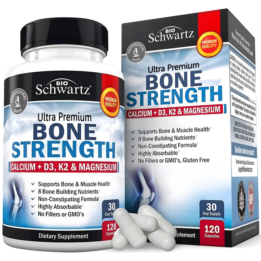 BioSchwartz Bone Strength Supplement - Gentle non- Constipating Bone Health Supplement for kvinder og mænd med 9-in-1 Kompleks med Calcium Magnesium Zink D3 K2 & mere - 3. part testet - 1 måned