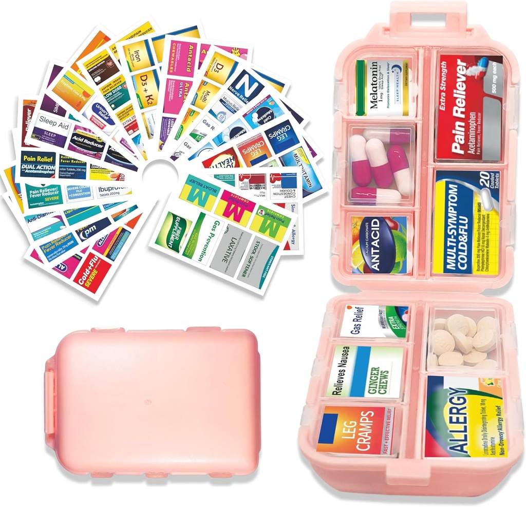 Pill Organizer med Medicine Labels 146 Labels Travel Daily Pill Container Mini Medication Organizer Storage Pill Organizer Travel Essentials Pill Case 7 Dag (Pink, 1 Pack (Stor))