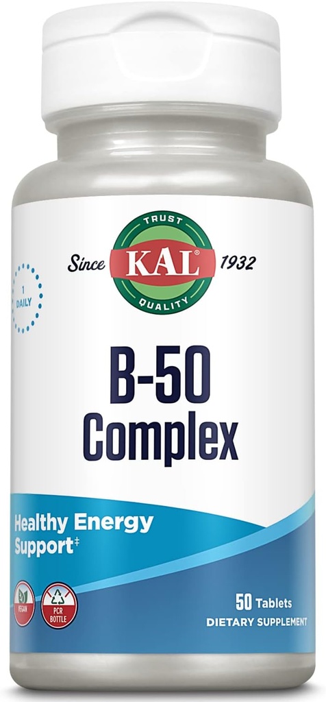 KAL B 50 Complex, B Complex vitaminer til energi, Metabolisme, Red Blood Cell Syntese og immunforsvar, med vitamin B12, B6, folinsyre og andre B vitaminer, Vegan, 50 Servere, 50 tabletter