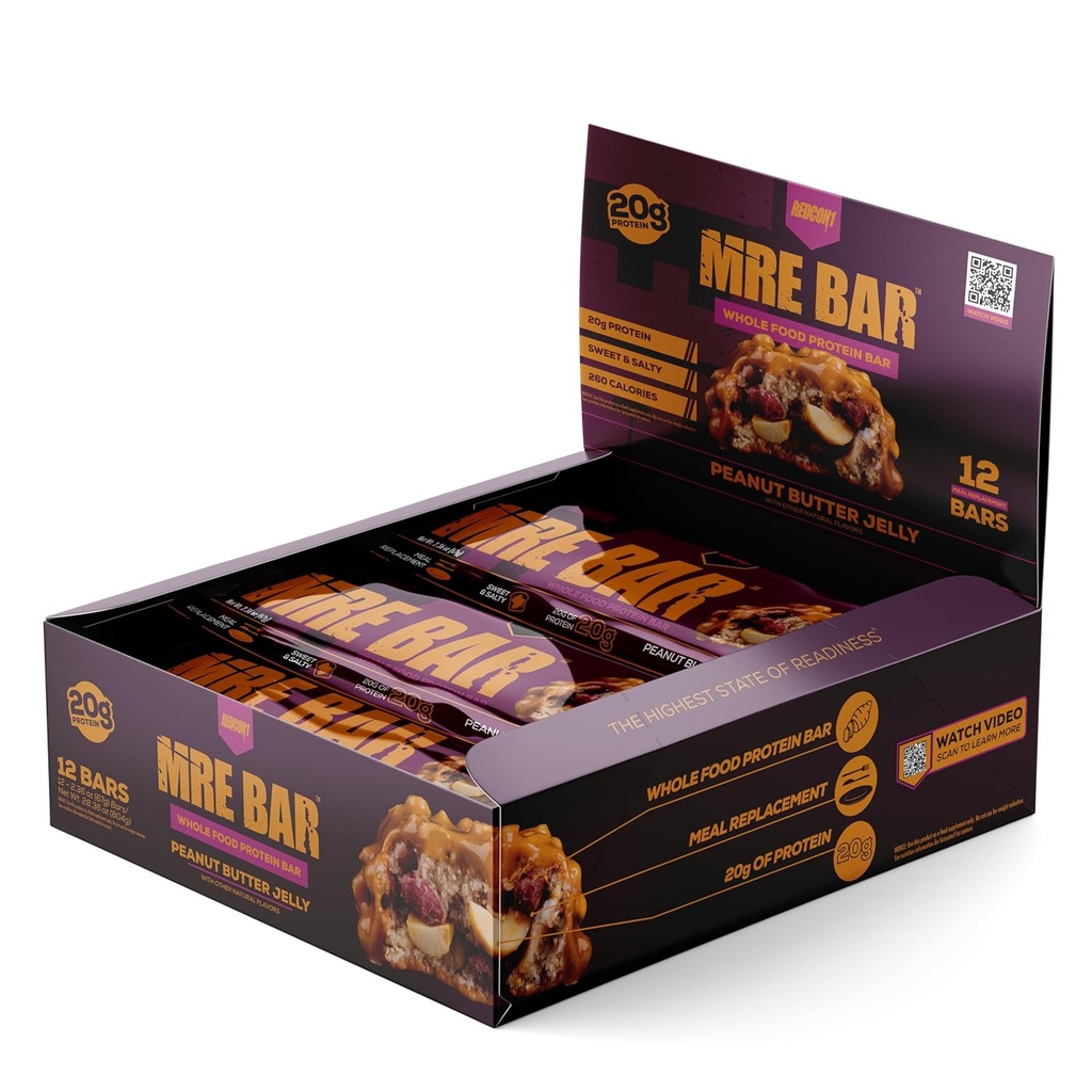 REDCON1 MRE Protein Bar, Peanut Butter Jelly - Indeholder MCT Oil + 20g af Hel Food Protein - Nemt fordøjeligt, Macro Balanced Low Sugar Meal Erstatning Bar (12 Barer)