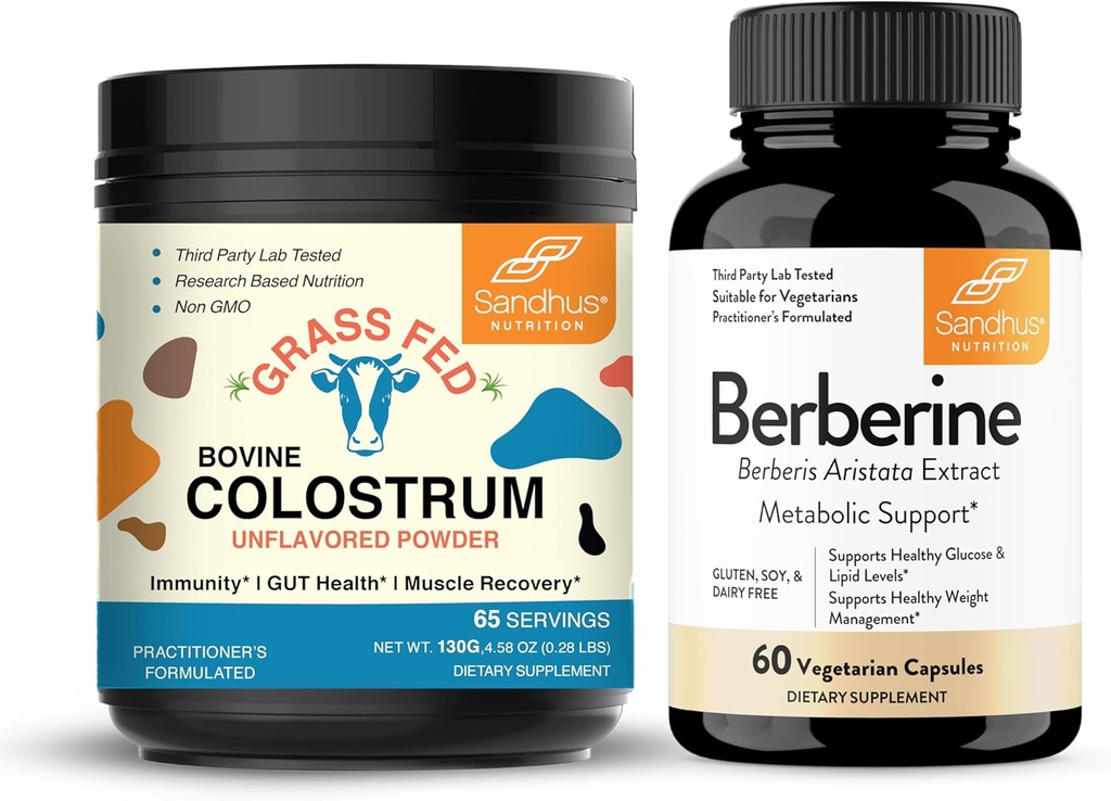 Sandhu 's Pure Bovine Colostrum Powder supplement til mennesker & berberine HCL Supplement 500mg per kapsel124; Understøtter immunforsvar, Gut, Muscle & Sund Energy Levels