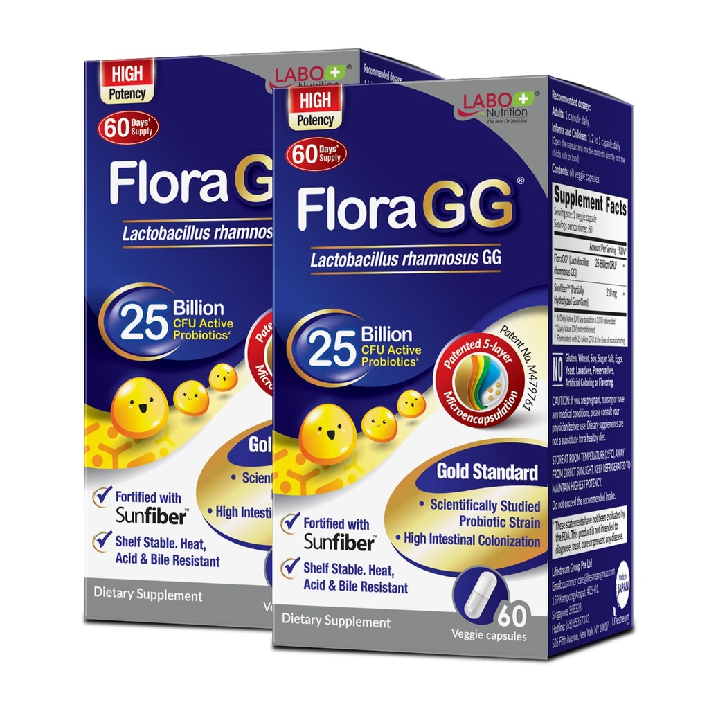 LABO Nutrition FloraGG, Lactobacillus Rhamnosus GG 25 Millioner CFU Aktive Probiotika & Sunfiber Prebiotic Fiber Supplement, Support Sund Intestinal, Immunsundhed Forsinket udgivelse & Gluten Free 60sx2