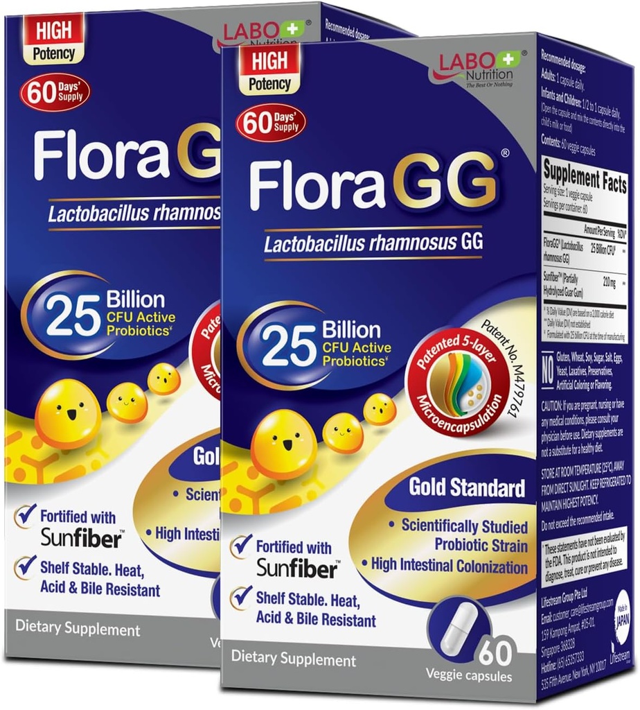 LABO Nutrition FloraGG, Lactobacillus Rhamnosus GG 25 Millioner CFU Aktive Probiotika & Sunfiber Prebiotic Fiber Supplement, Support Sund Intestinal, Immunsundhed Forsinket udgivelse & Gluten Free 60sx2