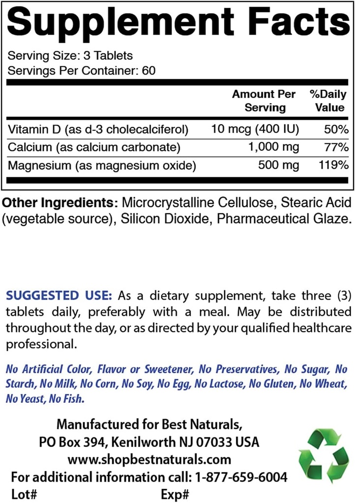 Bedste Naturals Calcium Magnesium med vitamin D3 1500mg & Glucosamin Chondroitin og MSM